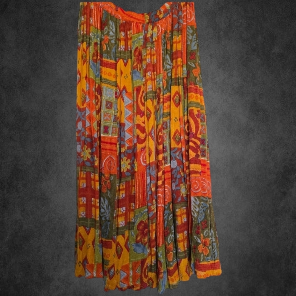 Kaktus Plus Vintage Boho Broomstick Midi Skirt - Orange Floral 1X - Picture 2 of 10